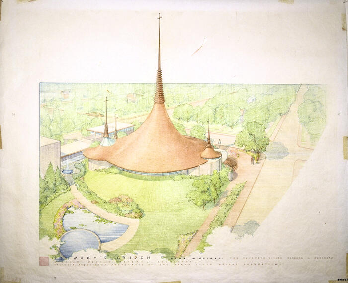 Drawing: Aerial Perspective View, St. Mary's Catholic Church [Alma, Michigan]