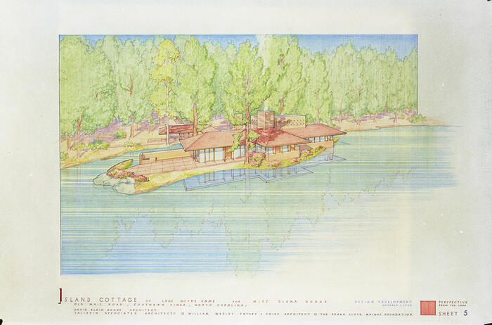 Presentation Drawing: Perspective View from the Lake of Island Cottage: House and Estate Buildings for Diana Dodge ("Ponds and Pines")