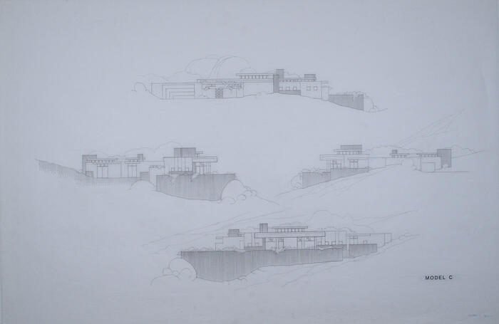 Drawing: Elevations of Model C, Hillside Villas for the Lyle Anderson Corporation at Desert Highlands